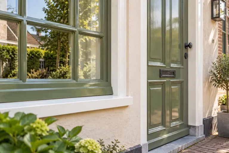 Groen geschilderde houten deur en raamkozijn met witte afwerking